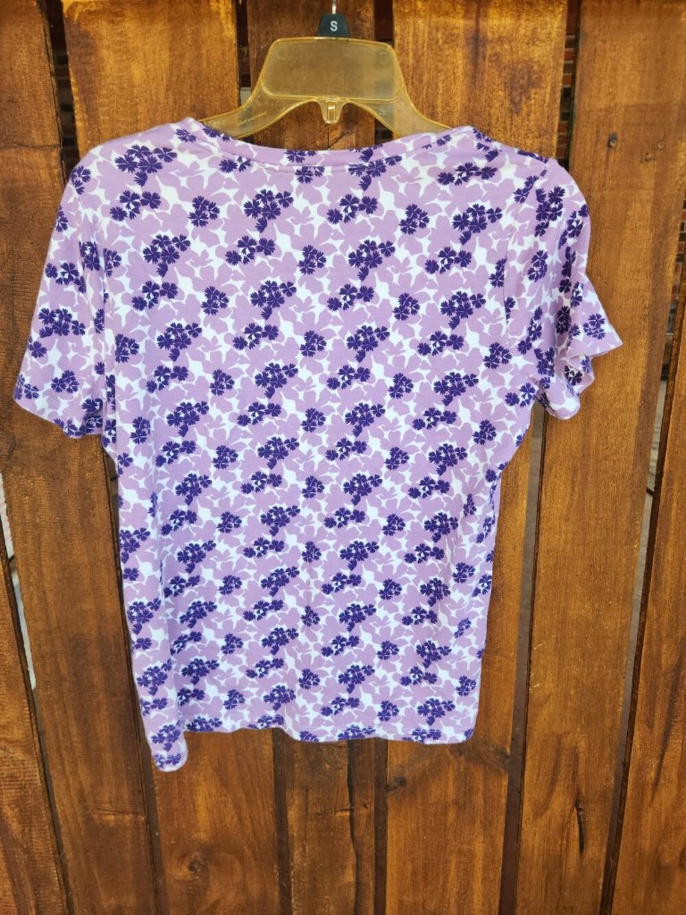 Size M Women's Purple Flower Shirt Short Sleeve Floral Top Casual White Stag - Picture 5 of 5